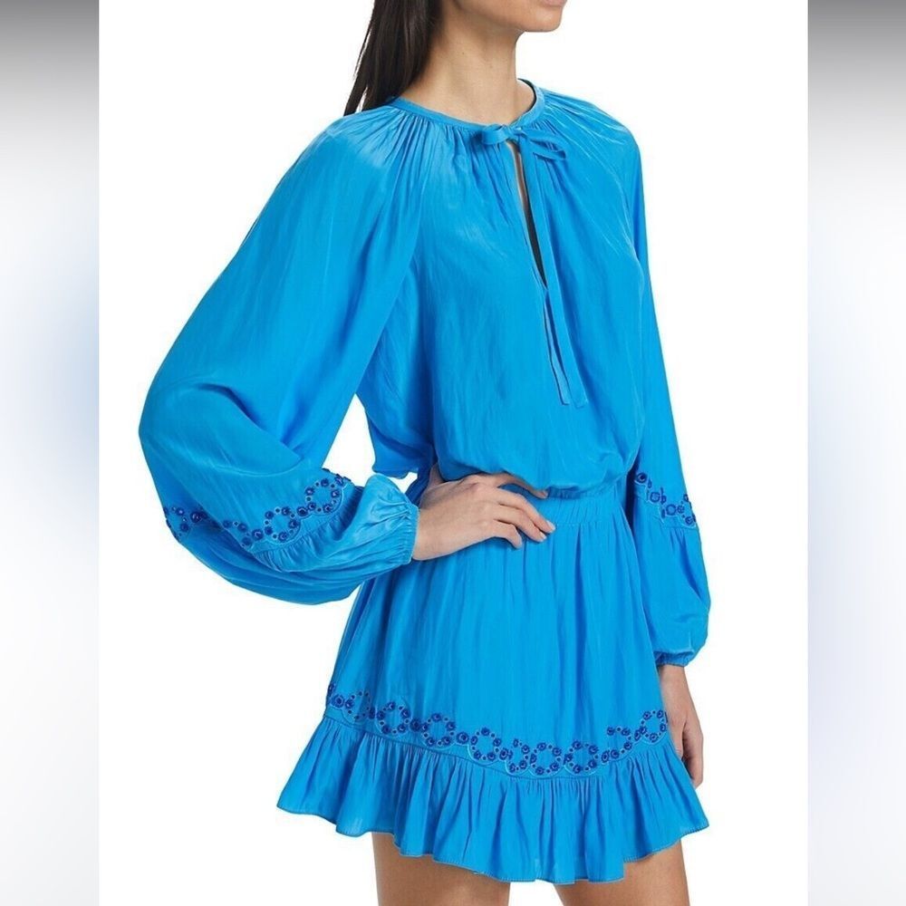Joie Vivid Turquoise Long-Sleeve Embroidered Mini Dress Size L